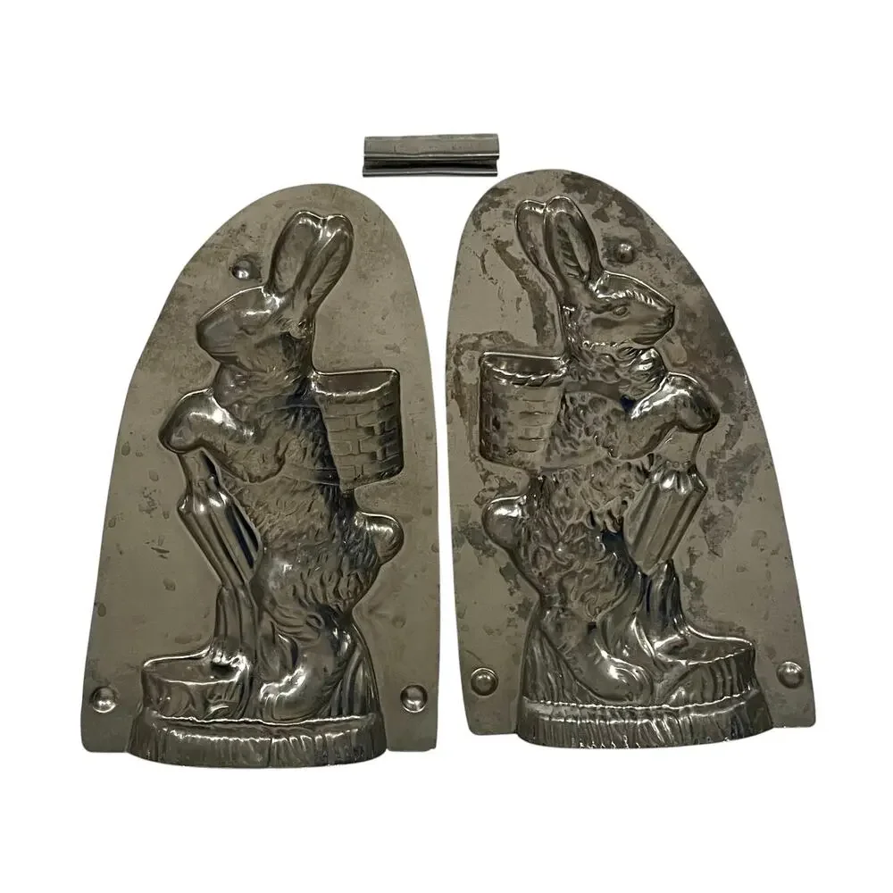 Vintage Antique Rabbit Easter Bunny Metal Chocolate Mold Tin 8” Standing Basket